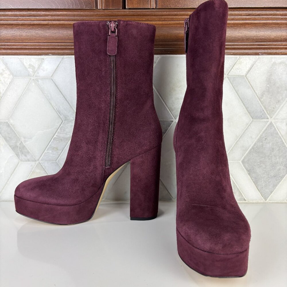 8.5B Tall Block Heel Platform Ankle Boot Red Suede Leather Round Toe Bootie Zip